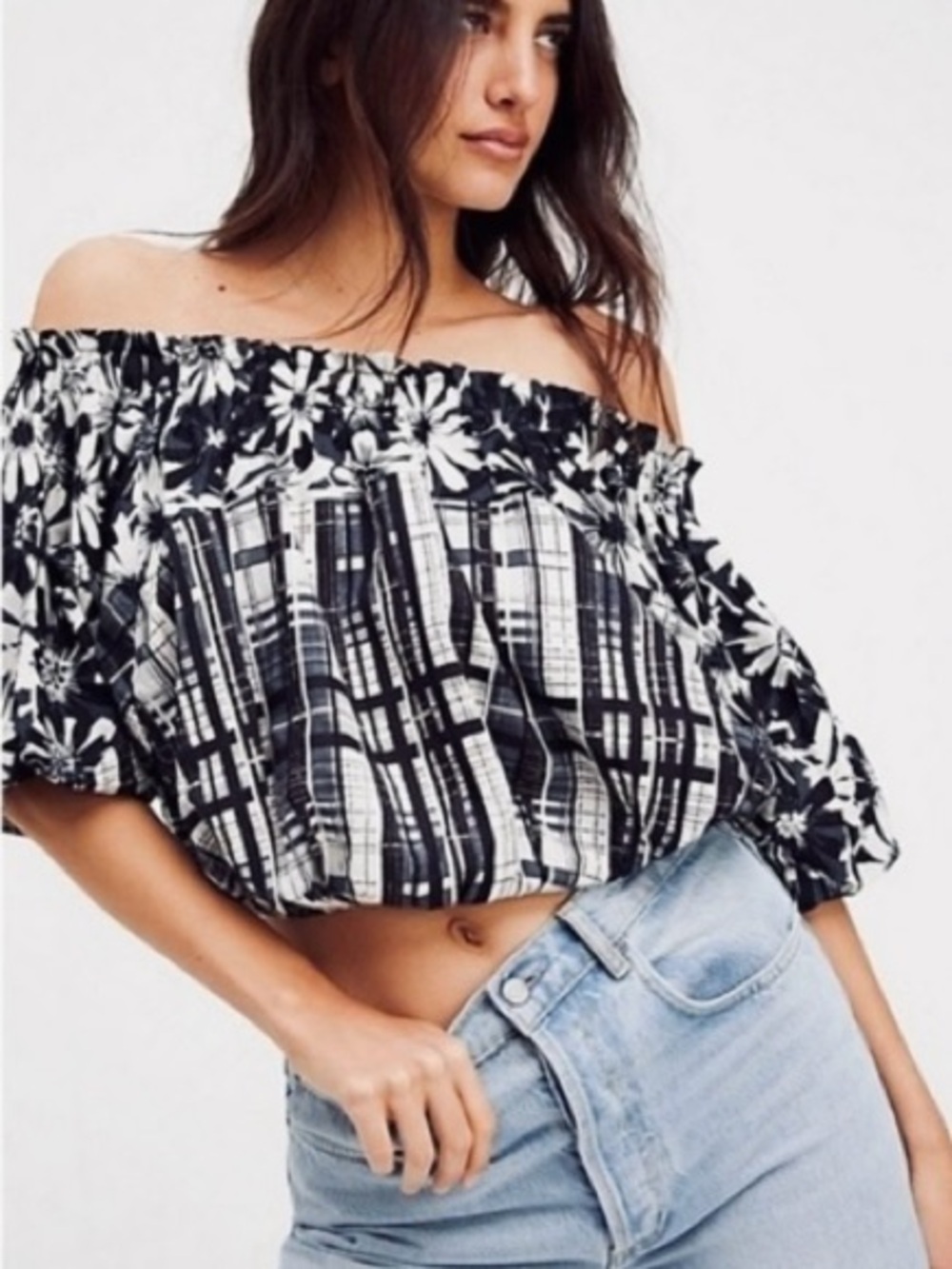 FREE PEOPLE Black & White Off-Shoulder Floral Plaid Crop Top w Bubble Sleeves